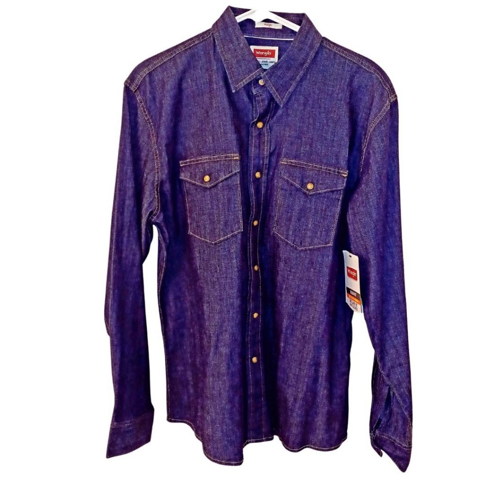 Wrangler Men's Long Sleeve Premium Slim Fit Dark Rinse Demin Shirt Men's Large